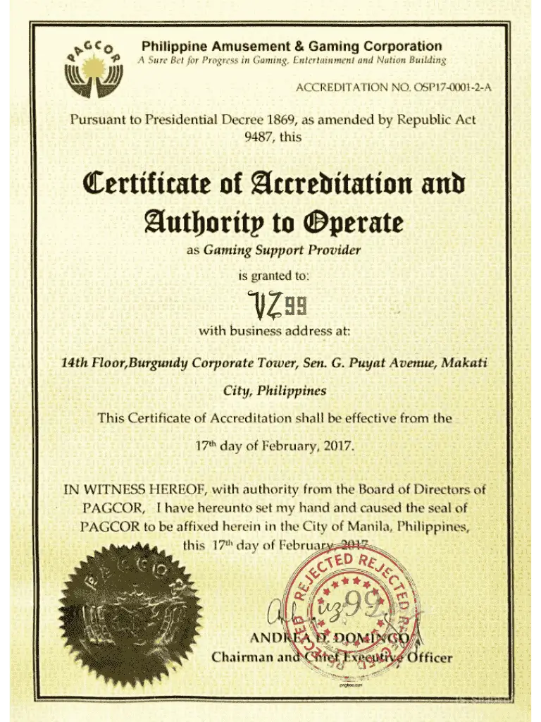 Giấy phép hoạt động trực tuyến VZ99 - PAGCOR